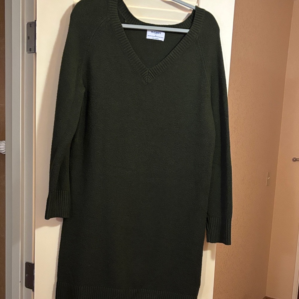Old Navy Dark Green V-Neck Sweater Dress with matching wool scarf
